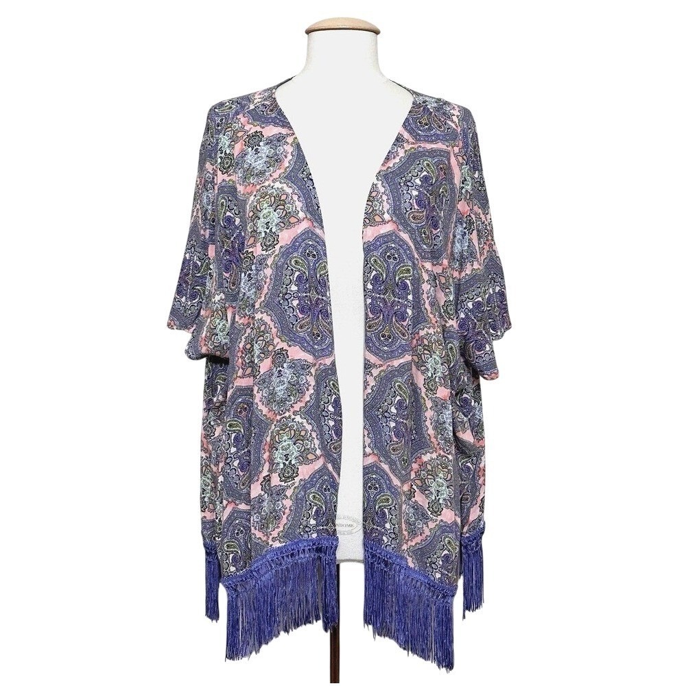 VTG Victorias Secret Womens Kimono Top S Purple Paisley Fringe Open Layer